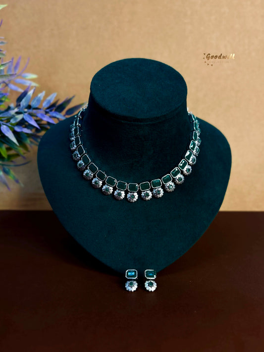 SILVER SQUARE BLOSSOM DROP NECKLACE SET
