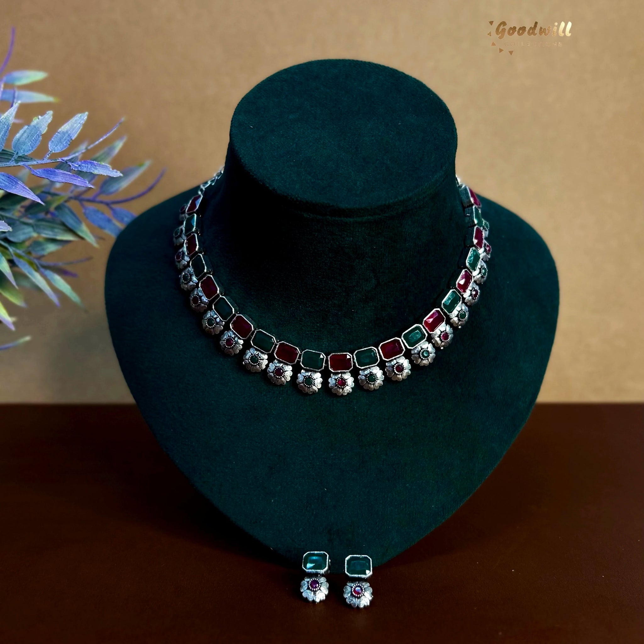 SILVER SQUARE BLOSSOM DROP NECKLACE SET