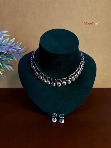 SILVER SQUARE BLOSSOM DROP NECKLACE SET