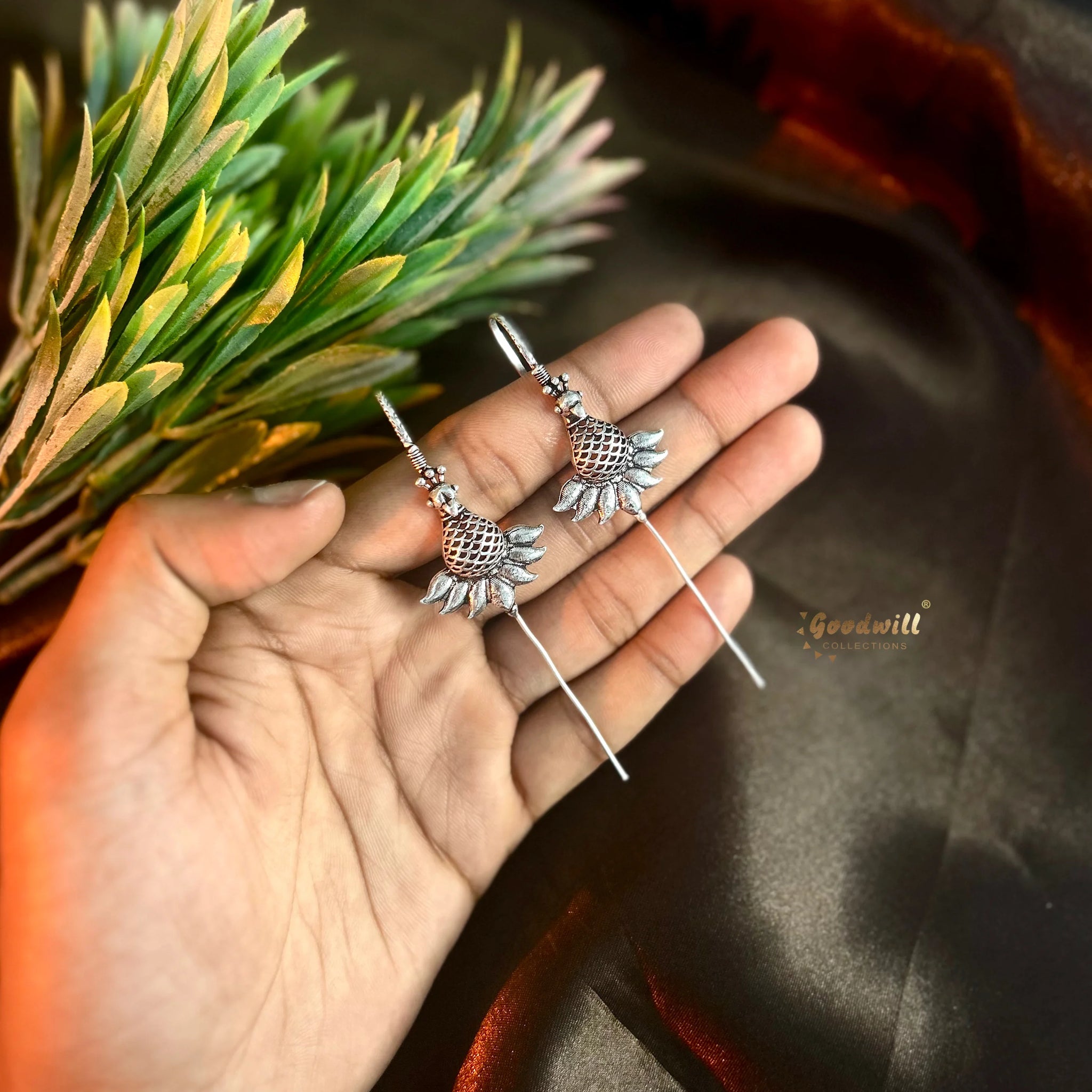 OXIDISED BIRD PIN BUGADI EARRINGS