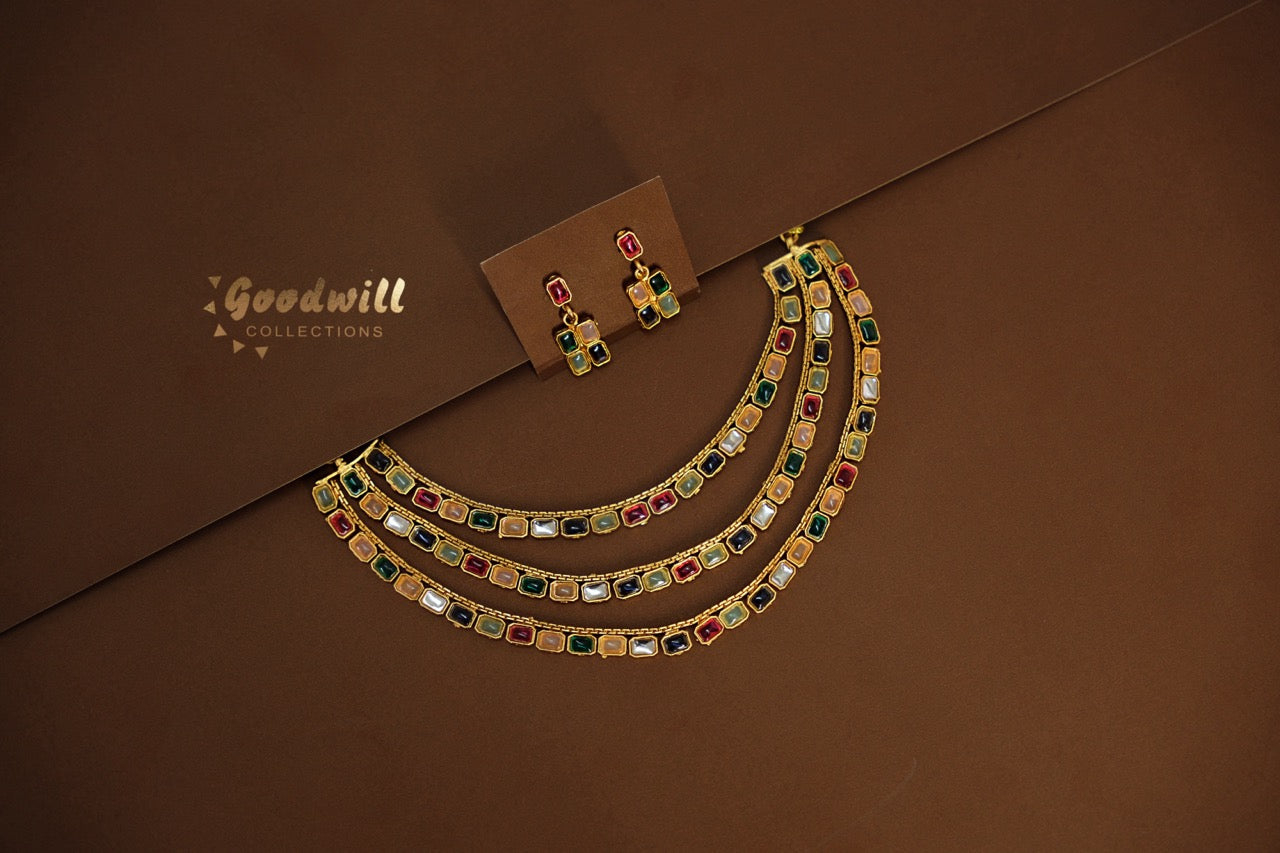 TRIPLE LAYER MULTICOLOR NECKLACE SET